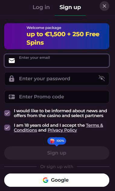 sign up form rockyspin casino
